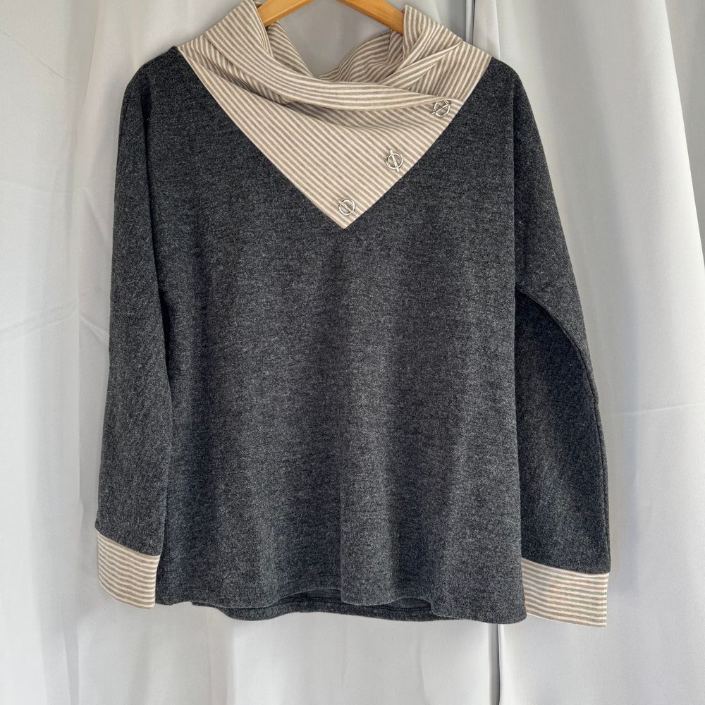 NWT THML Charcoal Gray Cowl Neck Sweater with Striped Trim Toggle Details Size M